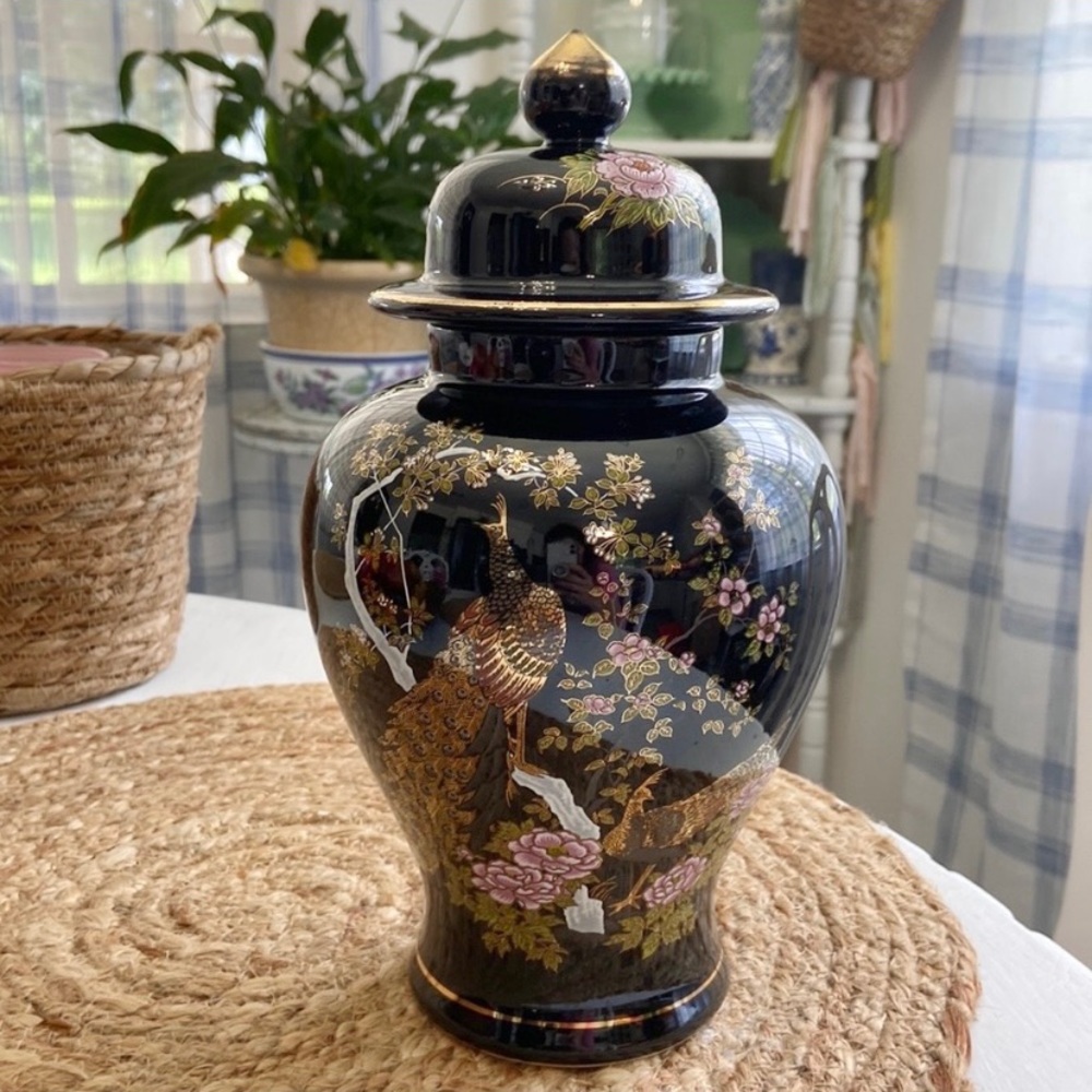 Vintage Japanese Black Floral Peacock Ginger Jar